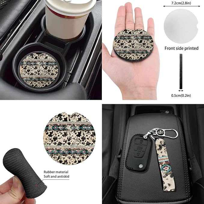 Western Aztec Cow Automotive Seat Cover Full Set Car Protection Accessory,Comfy Elastic Front Rear Bench Seat Covers for Most Vehicle,Steering Wheel Cover,Keychain,Coaster,Mirror Covers