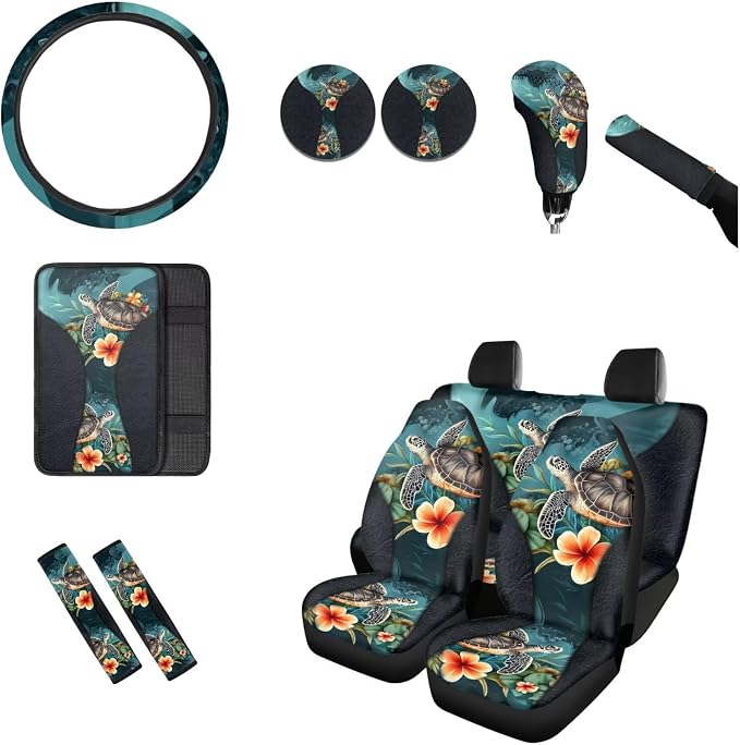 BIGCARJOB Floral Turtle Car Seat Cover Set 12 Pcs Universal Steering Wheel Covers,Armrest Pads,Auto Seat Protector Full Set,Fit Most Vehicle,Cars,Sedan