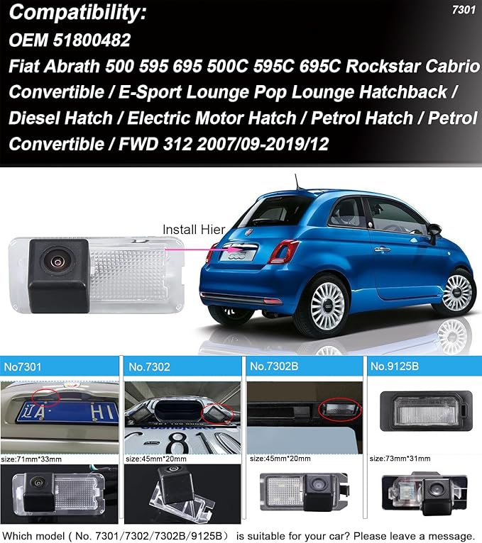 Vehicle License Plate Backup Camera,Night Vision Car Rear View Reverse Camera Replacement for Fiat Abrath 500 595 695 500C 595C 695C Rockstar Cabrio Convertible E-Sport Lounge Pop Lounge (No.7301)