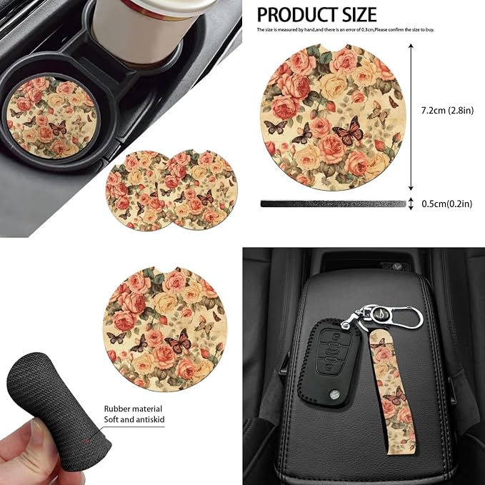 Rose Car Seat Covers 14Pcs, Butterfly Retro Rose Automotive Seat Covers Accessory Full Set with Keychain+Steering Wheel Cover+Auto Mirror Cover+Cup Holder Mat
