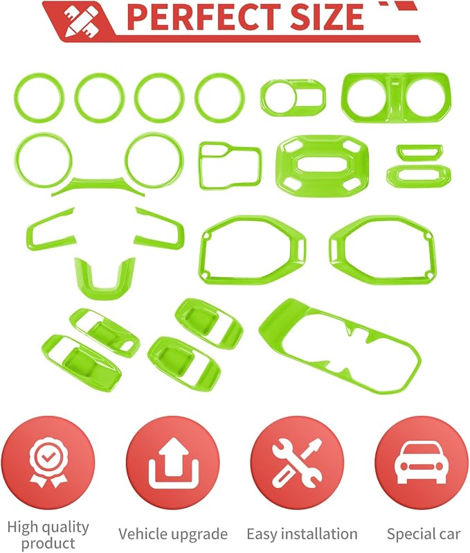 23pcs Full Set Interior Trim Kit for Jeep Wrangler JL JLU Gladiator JT 2018-2023 Steering Wheel Door Handle Air Conditioning Vent Cup Holder Reading Light Headlight Gear Cover, Light Green