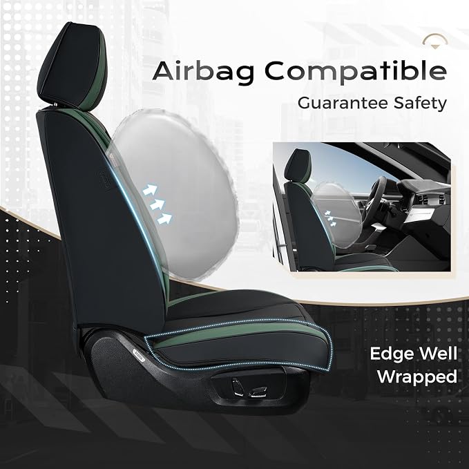 Coverado Automotive Seat Covers Front Seats, Leather Seat Covers 2 Pack, Black Green Car Seat Cover, Waterproof Car Seat Protector with Lumbar Support, Front Seat Covers Universal Fit for Most Cars
