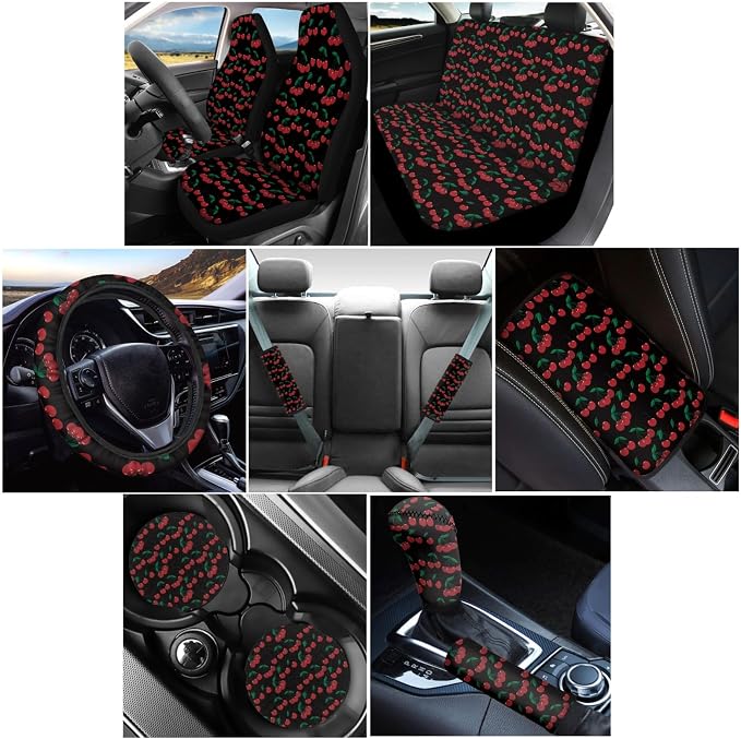 Wanyint Cherry Print 12 Pack Car Seat Cover Full Set for Women Men, with Steering Wheel Cover Seat Belt Pad Armrest Pad Handbrake Cover Gear Shift Cover Washable Cup Coaster Holder Auto Accessories