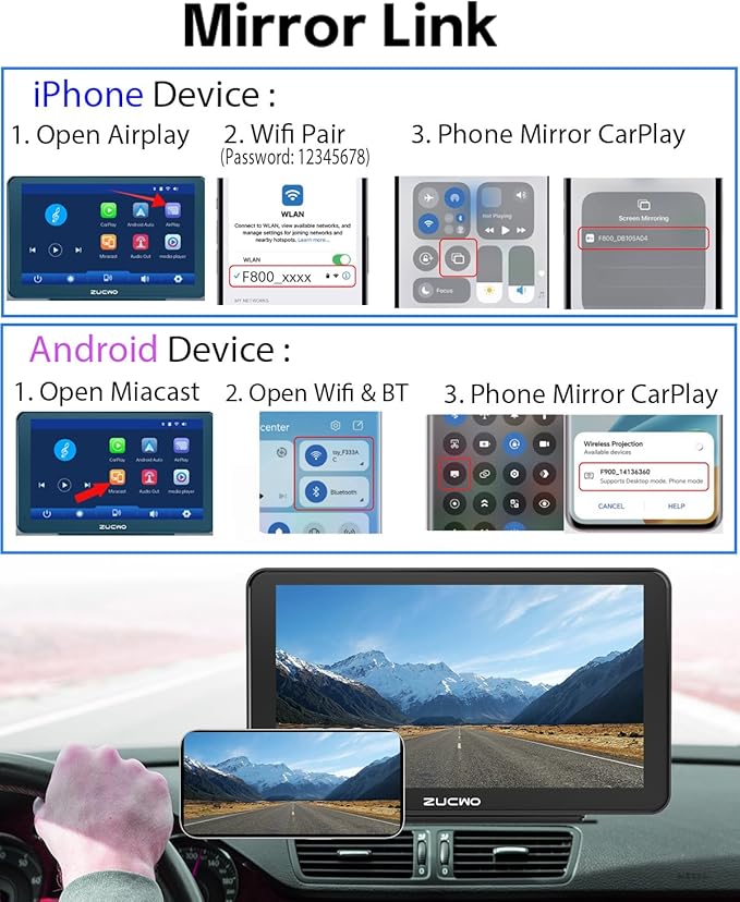 7 Inch Wireless CarPlay Screen for Car, Portable Car Stereo Touch Screen for Apple CarPlay & Android Auto with Backup Camera, Voice Control, BT Music, Navigation, Mirror Link