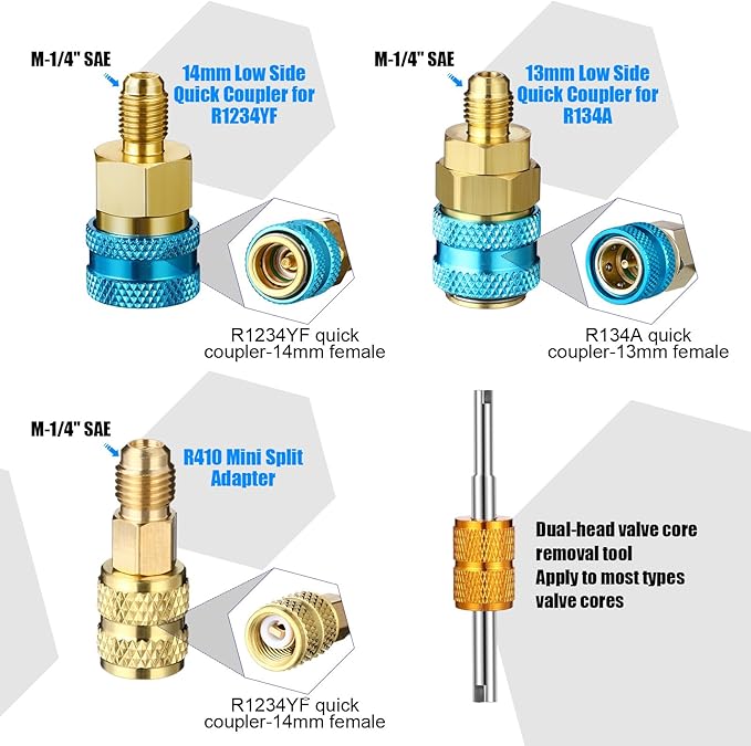 Tellegloww Ac Oil Dye Injector Kit 1/4 SAE with SAE R134a Oil Injector R1234yf Low Side Quick Coupler R410a Split Adapter Compatible with R134a R22 R12 R1234yf, Hand Push Compressor Manual 1oz/30ml