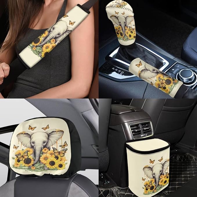 BIGCARJOB Sunflower Elephant Car Seat Cover Set for Front and Back,15 Pieces Sunflower Car Interior Sets with Car Seat Head Rest Protective Cover,Auto Garbage Bag,Auto Accessories Set