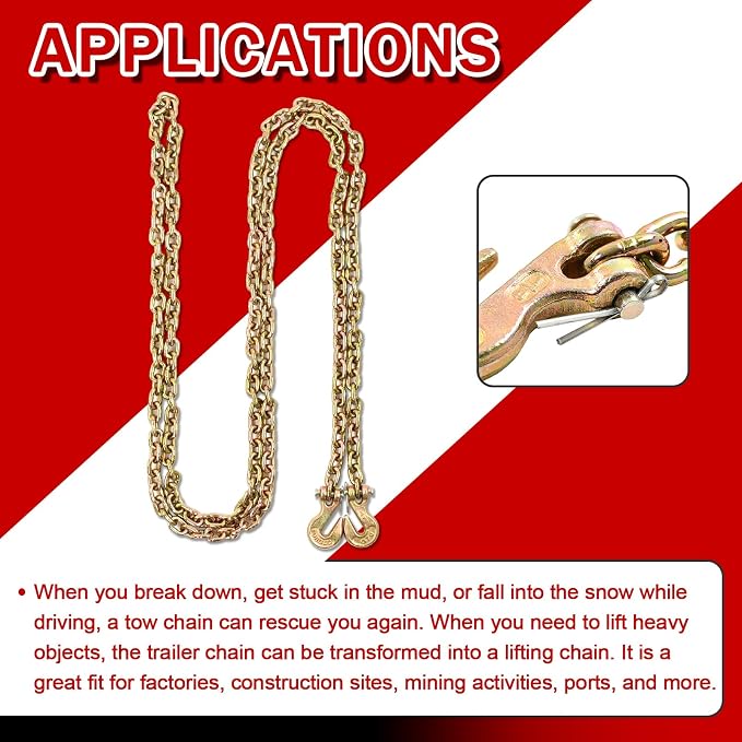 Heavy Duty G80 Transport Binder Chain 1/4'' Inch x 12 Feet,Tow Chain with G70 Clevis Grab Hooks,3300 lbs Safe Working Load Logging for Transporting, Towing(1/4'' x 12FT Yellow).