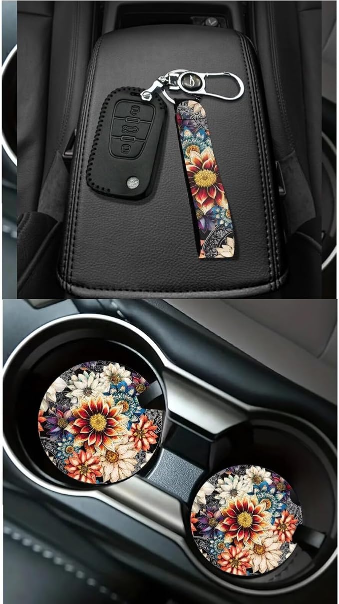 Dreaweet Mandala Lotus Car Seat Covers Full Set for Women Flower Car Accessories Interior with Steering Wheel Covers Seatbelt Covers Coaster Trash Can Air Vent Holder Rear View Mirror Cover Keychain