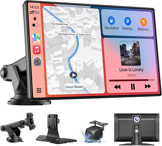 9" Wireless Apple CarPlay & Android Auto CarPlay Screen with 4K Dash Cam, Portable CarPlay Display with 1080p Backup Camera, GPS Navigation, Mirror Link, Bluetooth 5.0, FM, Voice Control