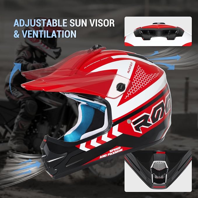 Youth Dirt Bike Helmet DOT Approved, Kids Motocross Full Face Helmet with Adjustable Goggles Riding Gloves & Storage Bag, Off-Road Sport Gear Set for Boys Girls ATV UTV