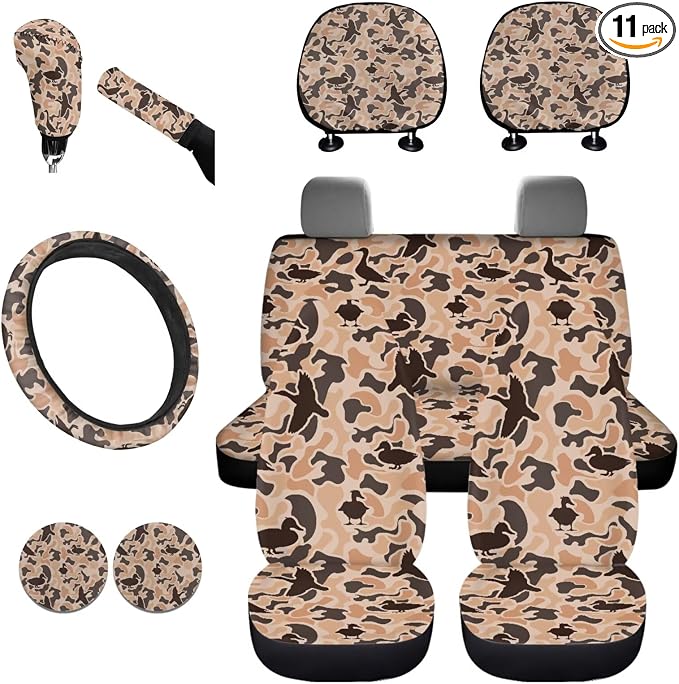 KEIAHUAN Camo Hunting Car Seat Cover Set of 11 Pieces and Handbrake and Gear Shift Knob Cover,Steering Wheel Cover,Cup Coasters Auto Interior Accessories for SUV,Sedan,Truck,Van