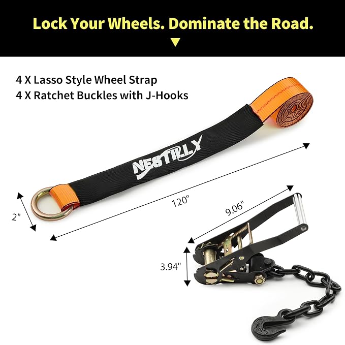 4 Pack Tire Tie Down Straps for Trailers – 2" x 10' Lasso Wheel Ratchet Straps with Chain Anchors,Over-The-Tire Heavy Duty 10000 lbs Break Strength,UTV, SUV, Truck Trailer Hauling,Orange