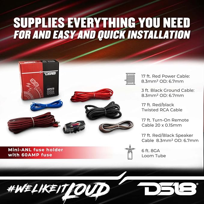 DS18 AMPKIT8 8 Gauge Amp Kit Amplifier Install Wiring 8 Ga Pro Installation Cables, 800 w (8 Gauge)