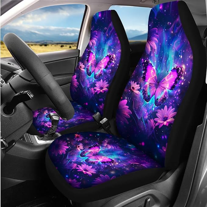 8 Pcs Purple Butterfly Car Interior Accessories Set for Women, Car Seat Cover Full Set with Automotive Steering Wheel Cover Auto Center Console Pad Seat Belt Pads