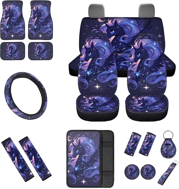 18 Pcs Beautiful Pegasus Car Interior Accessories Set for Women, Car Seat Covers with Steering Wheel Cover Floor Mats Armrest Pad Seat Belt Pads Roof Handle Wraps Cup Coaster Keychain