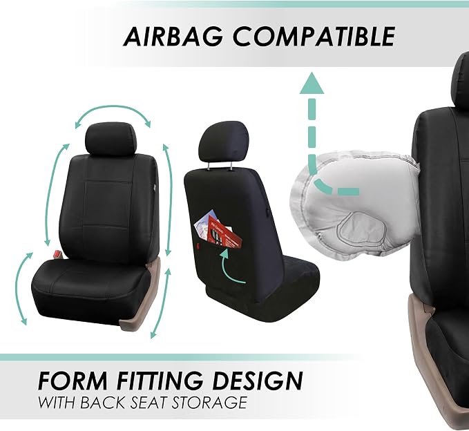 FH Group Car Seat Covers Premium PU Leather Seat Covers Full Set w. F14408 Carpet Liners – Universal Fit for Cars Trucks and SUVs (Black) PU002115