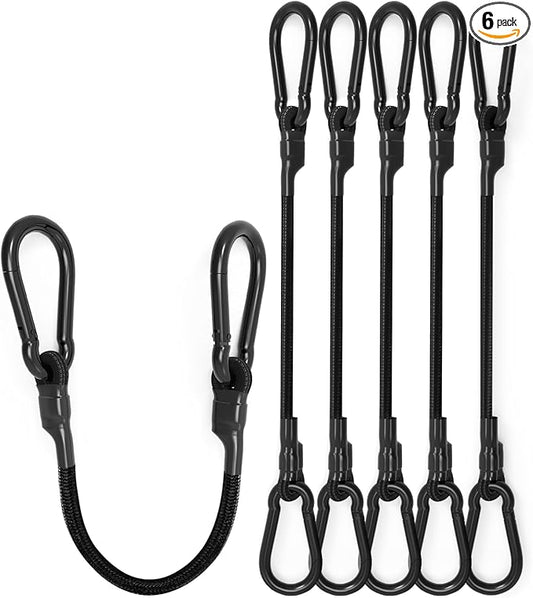 10" Short Small Carabiner Bungee Cord with 190 Lbs Max Break Strength, 6 Pcs Black Mini UV Resistant Bungee Straps with Upgraded Carabiner Hooks, Great for Cargo, Tent, Bike, Kayak Boat, Luggage, etc