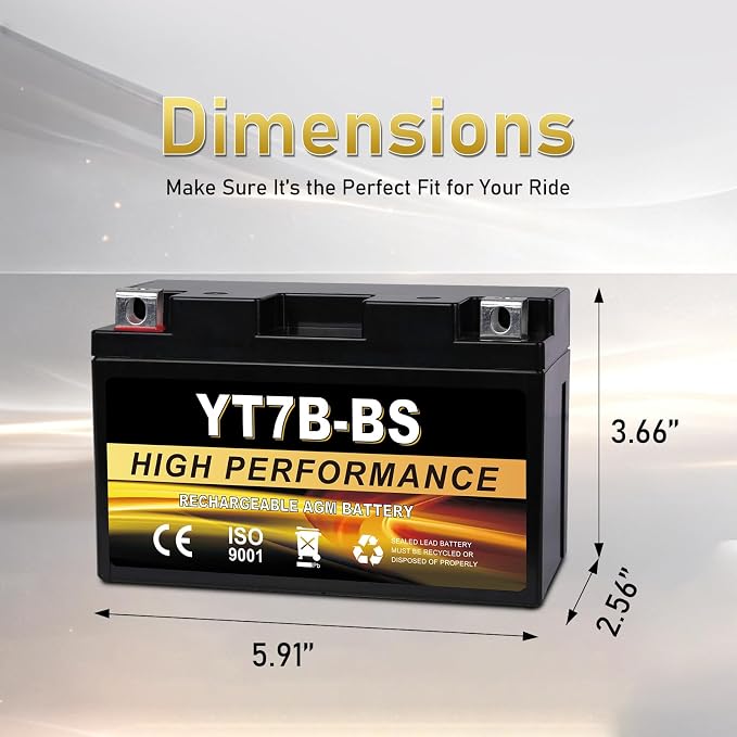 YT7B-BS 12V 6Ah AGM Sealed Motorcycle Battery, Maintenance-Free, Compatible with Yamaha ATV, Ducati, Kawasaki
