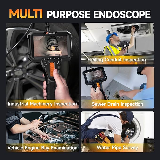 FOXWELL Dual Lens Articulating Borescope, 0.25in Slim 220° Two-Way Endoscope Camera with LED Light, IPS HD Screen, IP67 Waterproof Snake Camera for Automotive, Pipe, Wall & Engine Inspection – 5.3FT