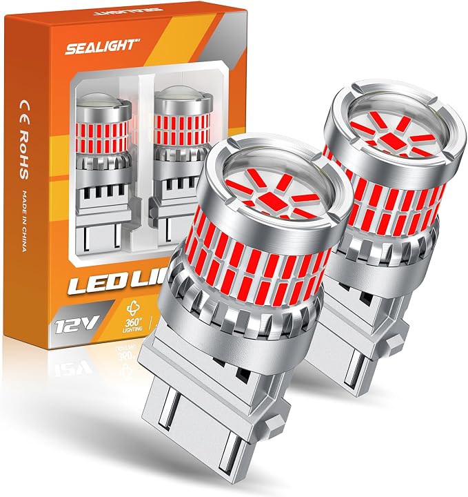 SEALIGHT Brake Light Bulbs 3157 LED Bulb Red, 700% Brighter 3156 3057 4157 4114 LED Bulb 57-SMD LED Chipset with Projector Len for Blinker Brake Light, Tail Light, Stop Parking Lights, Pack of 2