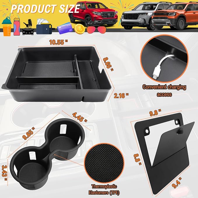 3Pcs Center Console Organizer Tray for 2026 Honda Passport Trailsport/2023 2024 2025 Honda Pilot/Ridgeline/Interior Accessories - Center Console Cup Holder Insert & Hidden Armrest Storage Box