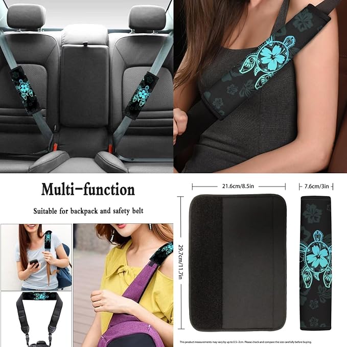 Ystardream Art Sea Turtle Car Seat Cover Full Set 11 Pcs with Steering Wheel Cover, Auto Seat Belt Covers Keychain & Cup Holder Pads, Universal Fit for SUV Sedan Truck, Protective Interior, Blcak