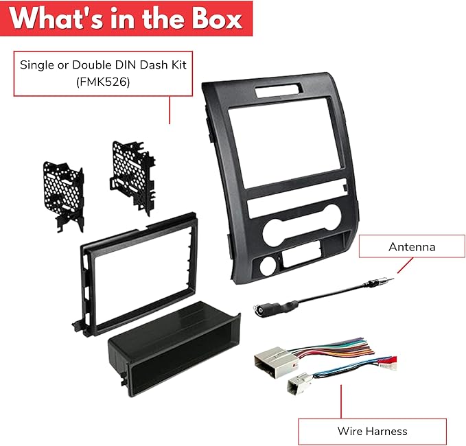 American International Ford F-150 (2009-2014) Double DIN or Single ISO with Pocket Radio Installation Dash Kit, Retains SWC & Factory Amplifier, Car Audio Wire Harness & Antenna Adapter Included