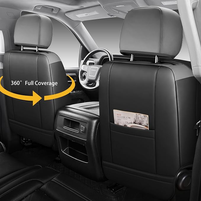 Custom Napa Leather Seat Covers for Chevy Silverado & GMC Sierra Crew Cab, 46-Split Flat Rear Bench Design, Compatible with 2019-2026 1500 and 2020-2026 2500HD 3500HD(Full Set, Black&Gray)