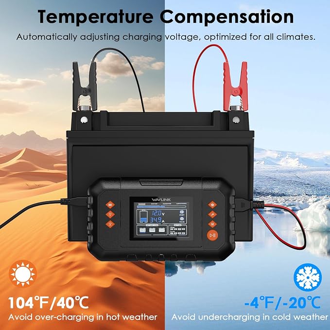 WAVLINK 450W Smart Battery Charger, Max. 35A Trickle Charger with LCD Display, for 6V/12V/24V Lead-Acid/Lithium/LiFePO4 Batteries, Battery Maintainer and Desulfurizer for Cars, Boats, Motorcycles