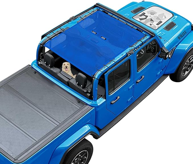 JT Top Sun Shade Roof Compatible with Jeep Gladiator 4 Door 2018 to 2023 Sunshade Sunroof Bikini Cover Blocks UV Wind Noise Blue Mesh for Full Length