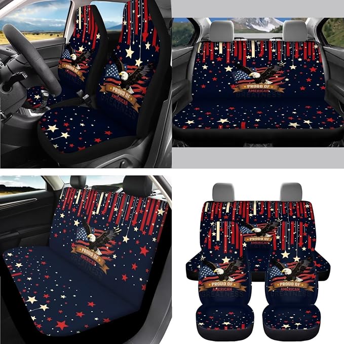 AFPANQZ Proud of American Print Car Seat Covers Full Set of 11 Pcs with Steering Wheel Cover Gear Shift Knob Cover+Auto Handbrake Cover+Seat Belt Strap Pads+Car Coaster