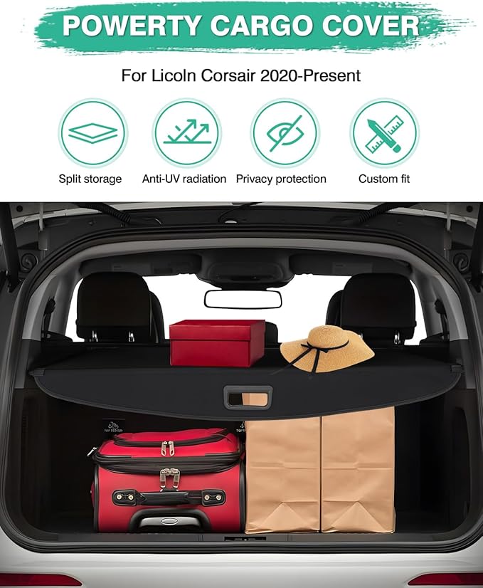 Powerty Cargo Cover for 2020-2025 Lincoln Corsair Accessories Trunk Cover Retractable Trunk Shielding Shade Cargo Luggage Cover Black