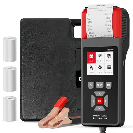 Car Battery Tester with Printer 100-2000 CCA 6V 12V 24V ELMCONFIG BM800 Battery Load Tester with Car Cranking and Charging System Analyzer Scan Tool for Cars, Trucks & Motorcycles (3PCS Thermal Paper)