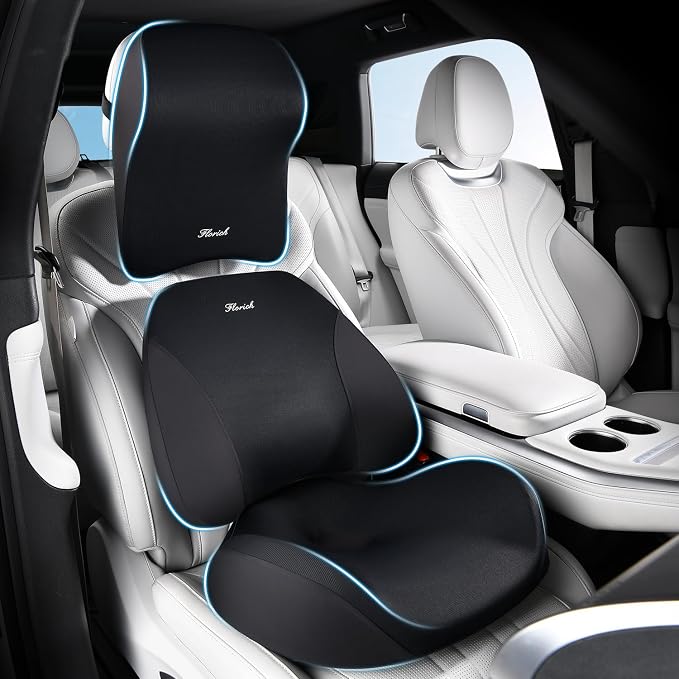 FLORICH Car Seat Cushion & Lumbar Support Pillow & Car Neck Pillow for Driver Car Office Chair, Ergonomic Memory Foam Car Cushion & Back Support Pillow for Sciatica Pain Relief - Black