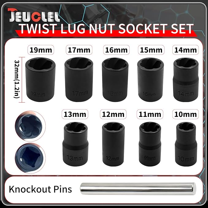 10PCS Twist Lug Nut Socket Set - 3/8 inch Drive Damaged Nut Lock Remover Extractor - Rusted & Stubborn Locking Nut Removal Tool Kit Center Punch Bar