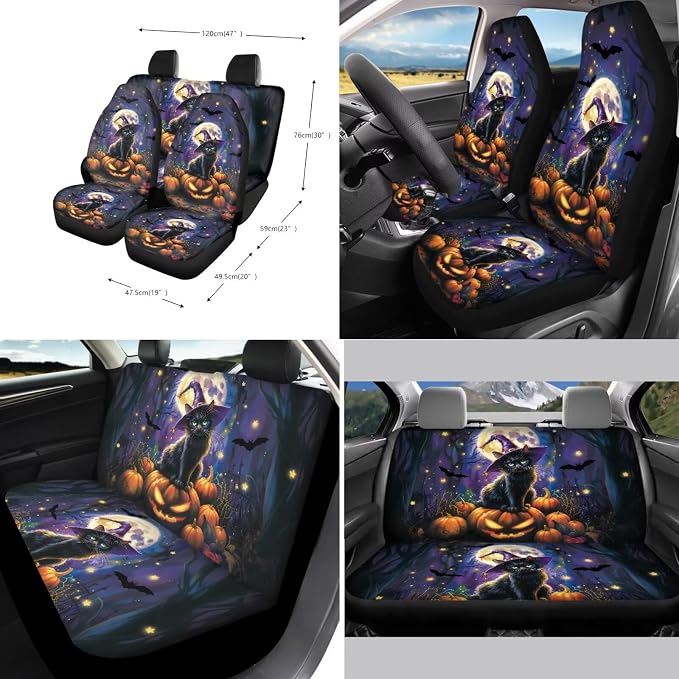 Suobstales Cat Pumpkin Moon Bat Print Car Seat Cover Full Set Car Interior Accessories Halloween Decor Front/Back Bench Bucket Seat Cover, Steering Wheel Cover, Seat Belt Cover, Coasters, Keychain