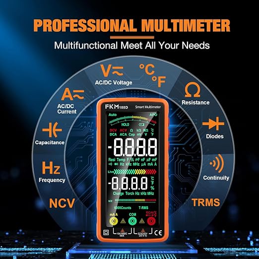 FKM Pro Digital Multimeter Tester TRMS 6000 Counts,Smart Rechargeable Voltmeter 5"Color LCD,Auto-Ranging Automotive Multimeters,for AC/DC Current/Voltage,NCV,Ohm,Capacitance,Resistance,Continuity,Temp