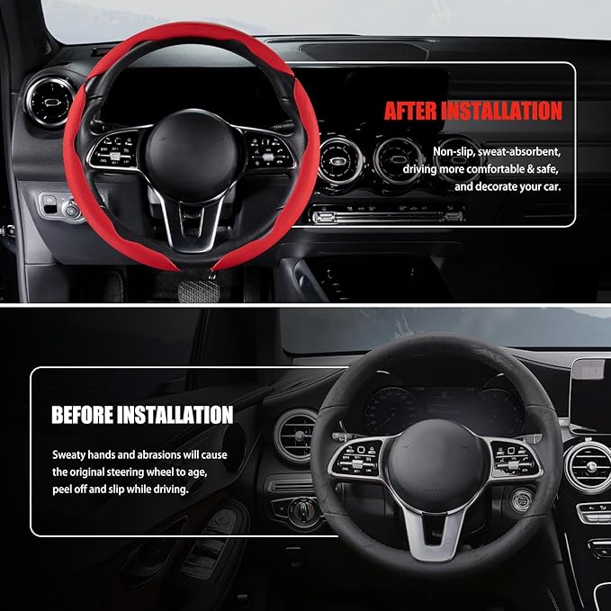 Nappa Leather Car Steering Wheel Cover for Men Women, Ultra-Thin Non-Slip Breathable Microfibre, Universal for 14.5"-15" Steering Wheel - Red