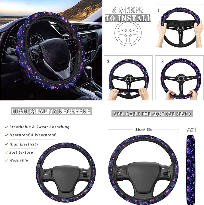 AFPANQZ Planet Print Car Seat Covers Full Set with Steering Wheel Cover/Gear Shift Knob Cover/Handbrake Cover/Seat Belt Shoulder Pads/Cup Holder Universal 11 Piece
