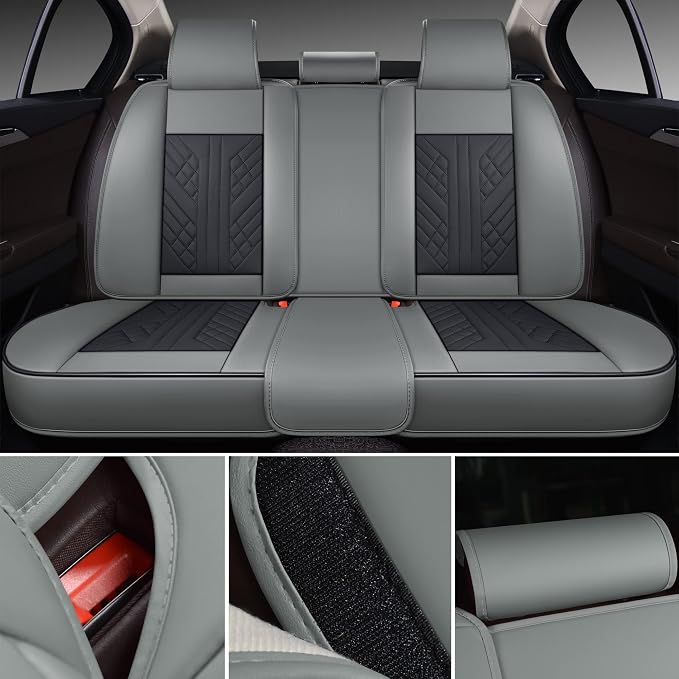 GXT Deluxe Faux Leather Full Coverage Car Seat Cover Anti-Slip Universal Fits for Sedans SUV Pick-up Truck with Headrests,Interior Accessories(Grey and Black)
