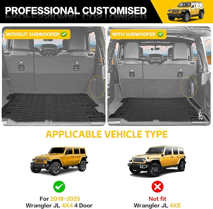 Trunk Mat with Door Sill Guards for 2018-2025 Jeep Wrangler JL Unlimited 4X4 Accessories All Weather Rear Trunk Liner Door Sill Protector for 18-25 JL JLU Gas Type 4 Door(Not for 4XE)