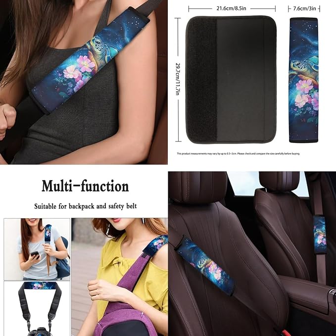 8 Pcs Sea Turtle Butterfly Car Interior Accessories Set for Women, Car Seat Covers Full Set with Auto Steering Wheel Cover, Auto Center Console Pad, Seat Belt Pads