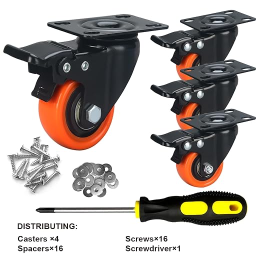 2" Caster Wheels Set of 4, Heavy Duty with Brake | No Noise, Locking, Polyurethane (PU) Wheels, Swivel Plate, Orange, Pack of 4