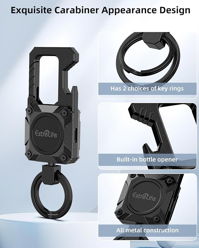ExtreLife Keychain, Works with Apple Find My, Bottle Opener, Carabiner Car Key Chains with Gps Tracker