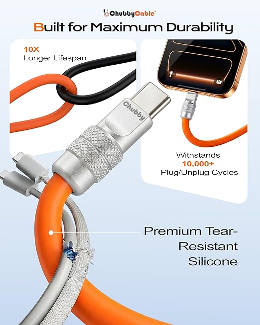 chubbycable Chubby 2.0 USB C 120W Fast Charging Cable Silicone Soft Durable USB C Cable Extra Thick Charger Cord Compatible with iPhone 17-15 Series iPad, Orange, USB-A to Type-C, 4.9FT