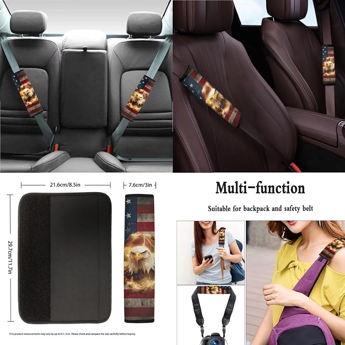 Xoenoiee American Flag and Eagle Car Seat Cover Front & Rear Seat Cover with Steering Wheel Cover + Seat Belt Cover+ Cup Coasters+ Key Chains Universal Fit for Van Truck SUV
