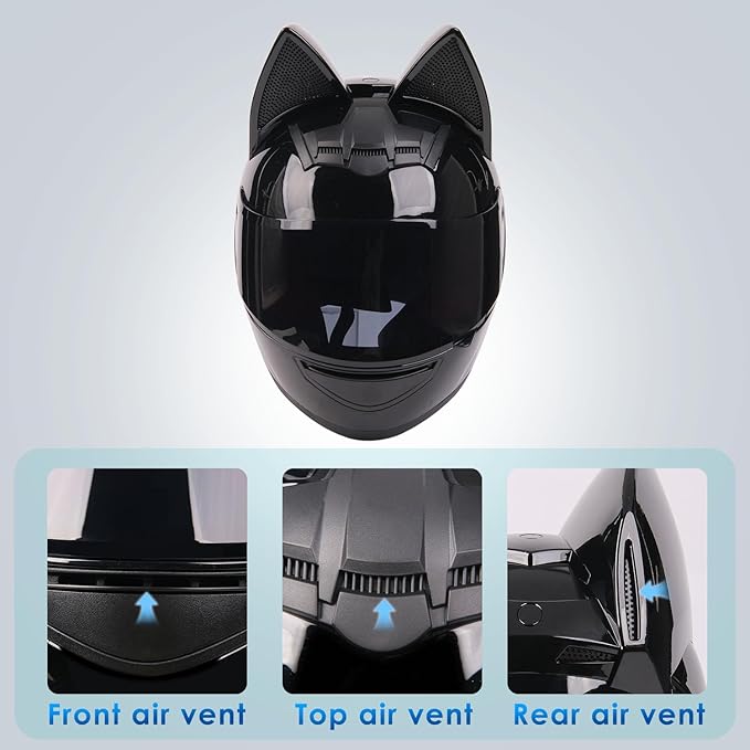 Bluetooth Motorcycle Cat Ear Helmets ,Men Women Moped Scooter Dirtbike ATV Full Face Motorbike Adult Helmet DOT Approved, Built-in Dual Speaker with Microphone