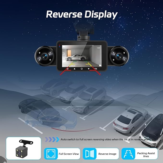 NHOPEEW Dash Cam Front and Rear Inside, 4 Channel Dash Cam 3" IPS Screen Front and Back with 8 IR Night Vision Lights, Loop Recording, 24 Hours Recording, G-Sensor, Reverse Help + 64G Memory Card