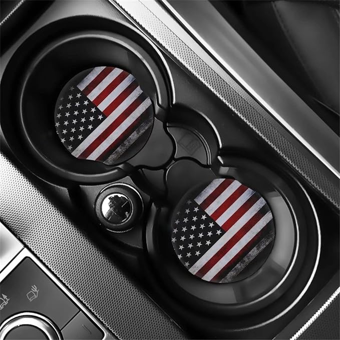 Xoenoiee 11 Pack Retro American Flag Universal Car Accessories Set with Front Seat Cover Rear Split Bench Seats Cover for Cars, Seat Belt Pads, Steering Wheel Cover, Coasters, Keyrings