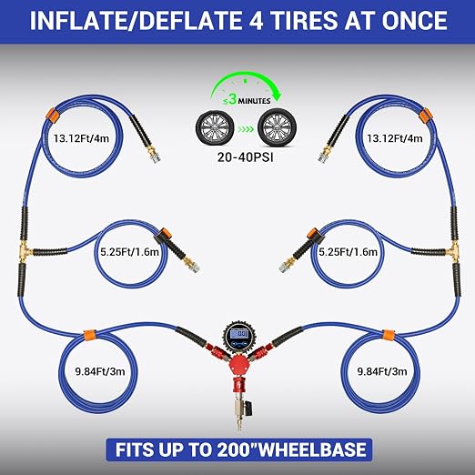 4 Tire Inflation System, Fits Up to 200" Wheelbase, Rapid High Flow 4 Way Tire Inflator with Hard Case, Lock-On Air Chucks Manifold, Digital Gauge, Portable Off Road Tire Deflator